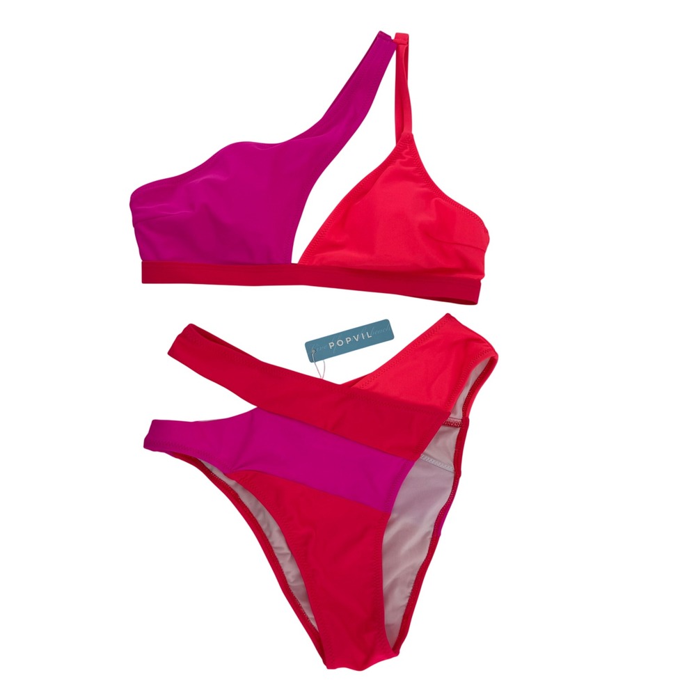 Popvil One Shoulder Colorblock Bikini Set Pink Red High Waist Cutout Size Small